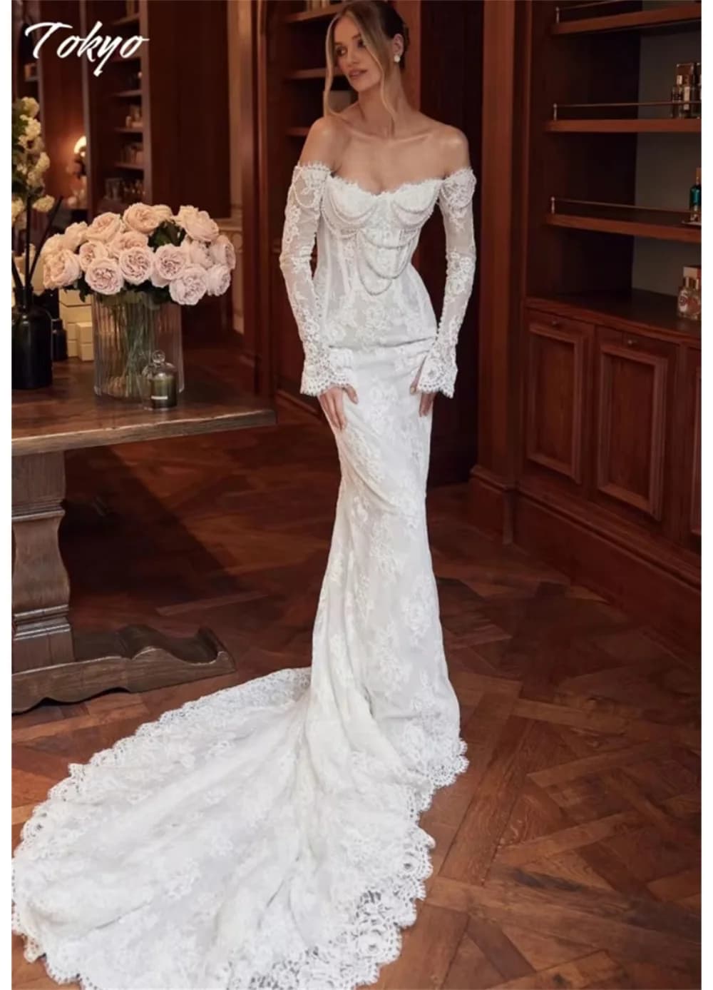 Tokyo Customized White Off the Shoulder Wedding Dress Long Sleeves Mermaid Lace Bridal Gown Court Train Elegant Wedding Gown
