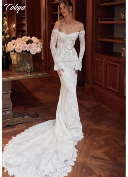 Tokyo Customized White Off the Shoulder Wedding Dress Long Sleeves Mermaid Lace Bridal Gown Court Train Elegant Wedding Gown
