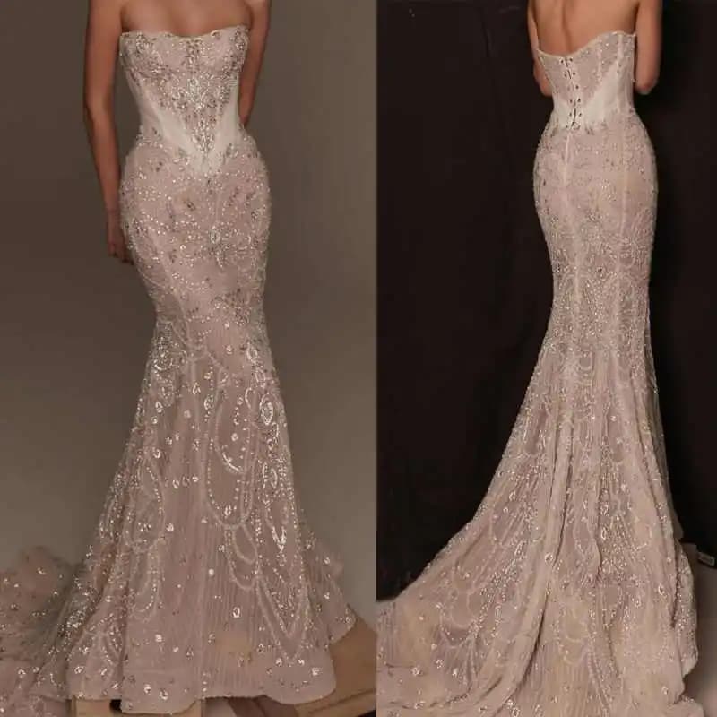 Gorgeous Mermaid Gown Wedding Dress Strapless Crystal Full Appliques Bridal Gowns Floor-Length Vestido De Noiva Customized