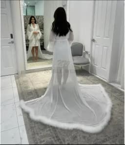 Fur Edge Wedding Morning Robe Chiffon Sexy Bride Bathrobe Long Feather Sleeve Female Elegant Long Jacket Customized