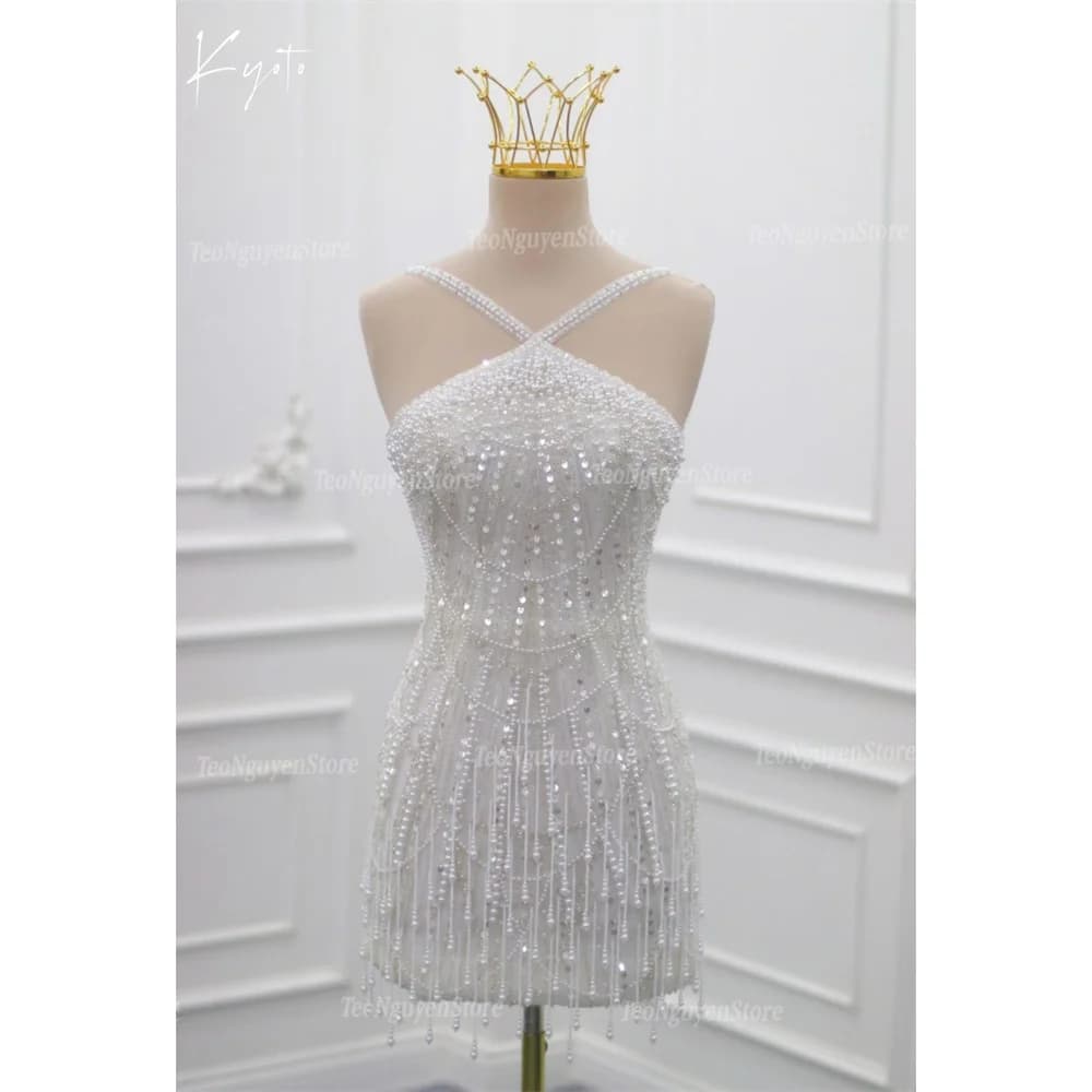 Kyoto Customized Shiny Beading Mini Sheath Wedding Dress Halter Neck Sleeveless vestidos de novia White Luxury 2025Evening Dress