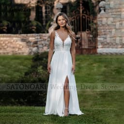Customized Elegant Boho Side Split Lace V-Neck Chiffon Wedding Dresses for Women A-Line Sweep Train Backless Vestidos De Novia