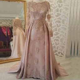 Pink Applique Evening Dresses Scoop Neck Long Sleevs Wedding Party Prom Gown A-line Zipper robes de soirée فساتين الس