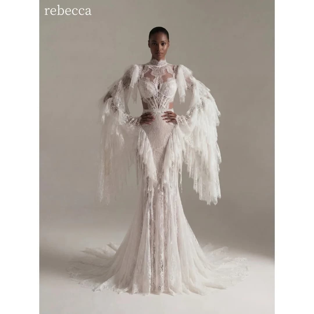 Rebecca Customized High Neck Illusion Neckline Prom Dress Long Sleeve Tulle Ruffle Sleeves vestidos de noche Formal Evening 2026