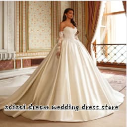 Customized Exquisite Scoop Neck Long Sleeve Ball Gown Wedding Dress Luxury Pearls Beading Satin Court Train Princess Bridal Gown