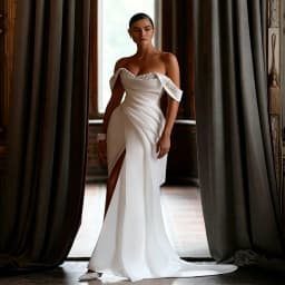 Customized Off Shoulder Sweetheaert Neckline Mermaid Satin Wedding Dress Lace-up Back Floor Length Side Slit Sweep Train Gown