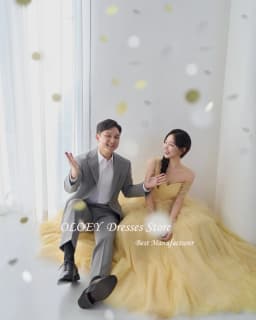 OLOEY Strapless Tulle Evening Dress Yellow Off Shoulder Korea Wedding Photo Shoot Dress Long Tiered Corset Customized