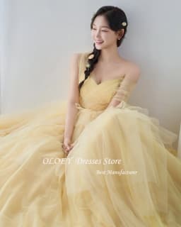 OLOEY Strapless Tulle Evening Dress Yellow Off Shoulder Korea Wedding Photo Shoot Dress Long Tiered Corset Customized