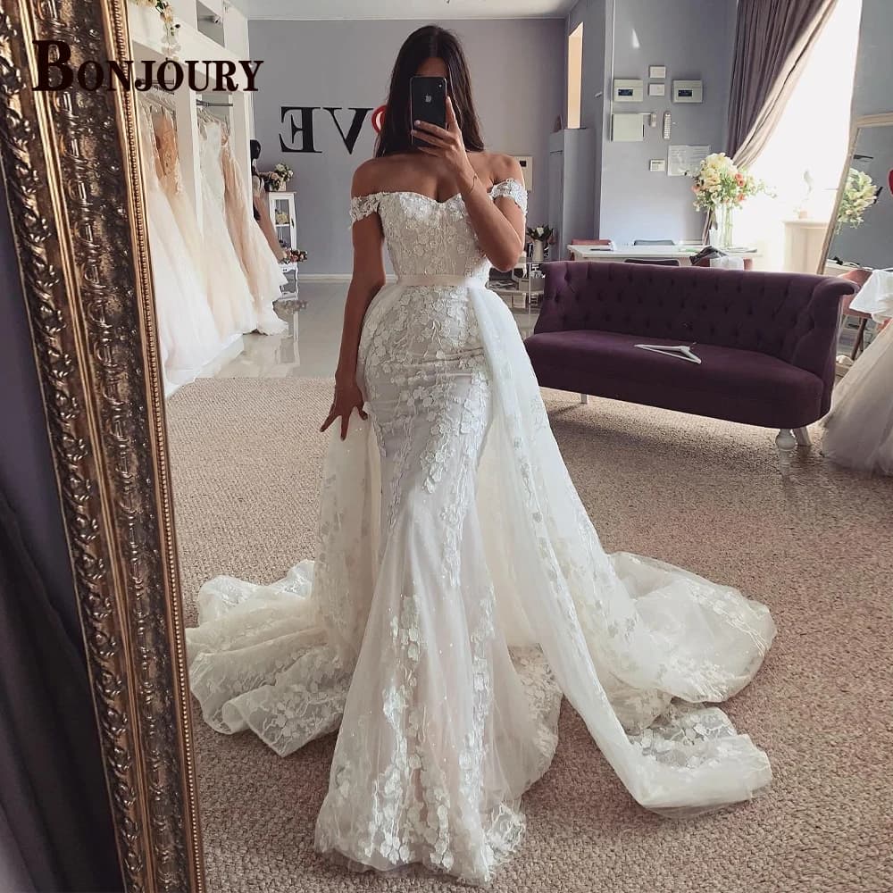 BONJOURY Charming Wedding Dress for Mariages Appliquea Trumpet Detachable Train Off the Shoulder Formal Suknia Slubna Customised