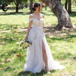 CHANDELA Stylish A-line Wedding Dress for Women Off the Shoulder Lacing up Appliques Slit Brush Train Vestidos Customised
