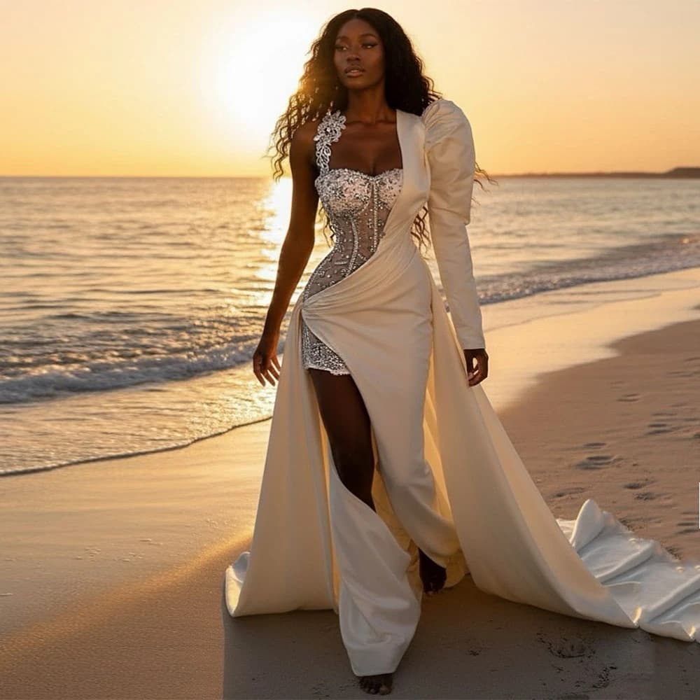 Modern Custom Ivory Satin Mermaid Wedding Dress Sweetheart Beading Wedding Gowns for Brides Floor Length Slit Bridal Gown