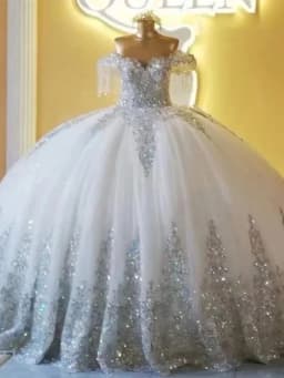 Luxury Off Shoulder Ball Gown Wedding Dresses Glittering Sliverr Appliques White Tulle Vestidos De Novia Corset Floor Length