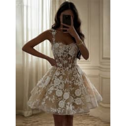 Customized Lace Flowers Mini Skirt Sleeveless Wedding Dress Square Neck Zip Back vestidos de novia Short Ball Gown After Party