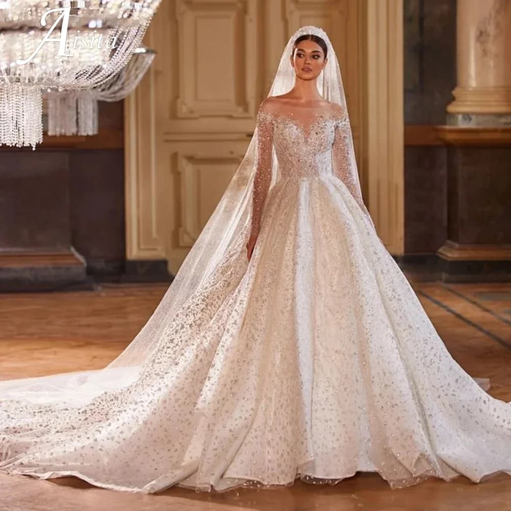 Vestidos De Novia Shining Sequin A-Line Long Sleeves Ball Gown Wedding Dress Beading Tulle Luxury Hochzeitskleid Button Back