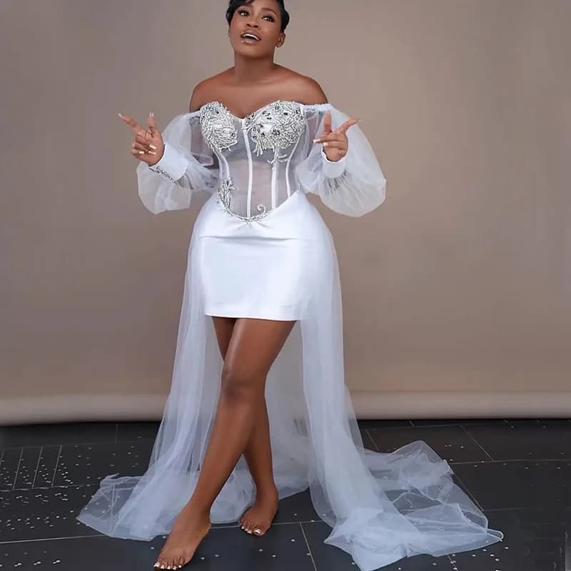 White Wedding Dresses for Bride Corset Off Shoulder Long Sleeve Africa Nigeria Tulle Bridal Shower Photoshoot Dress Customized