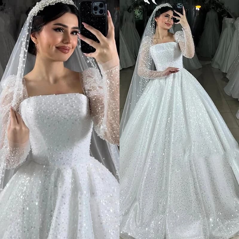 Fully Beaded Wedding Dress Organza With Embroidery Ball Gown A-Line Square Collar Full Sleeve Bride Customized Vestido De Novia