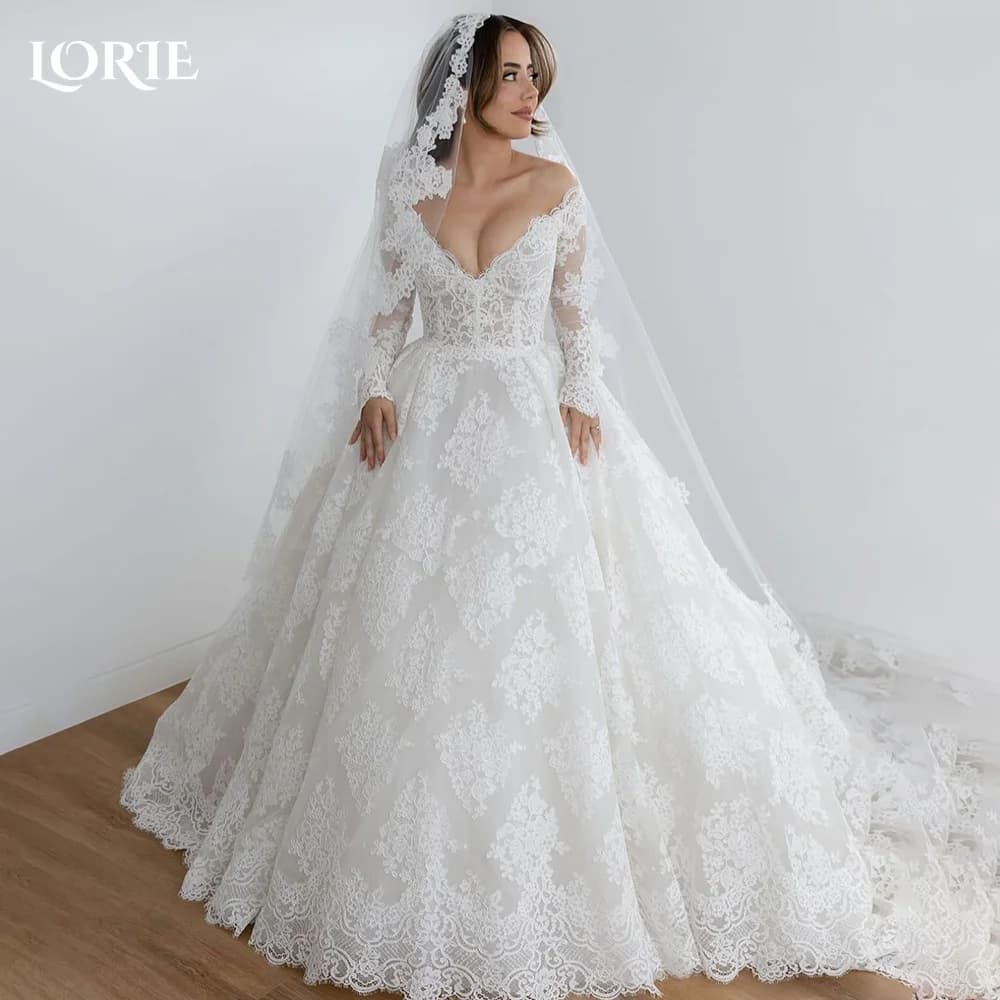 LORIE Vintage Lace Wedding Dress Off Shoulder Long Sleeve A-line Bridal Gown Sweetheart Princess Ball Bride Dress Customized