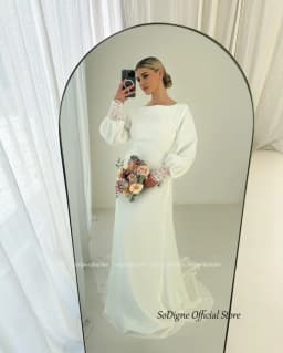 SoDigne Muslim Simple Wedding Dresses O-neck Full Sleeves Satin Bridal Dress Mermaid Customized Bride Gown Vestidos De Novia