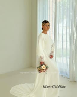 SoDigne Muslim Simple Wedding Dresses O-neck Full Sleeves Satin Bridal Dress Mermaid Customized Bride Gown Vestidos De Novia