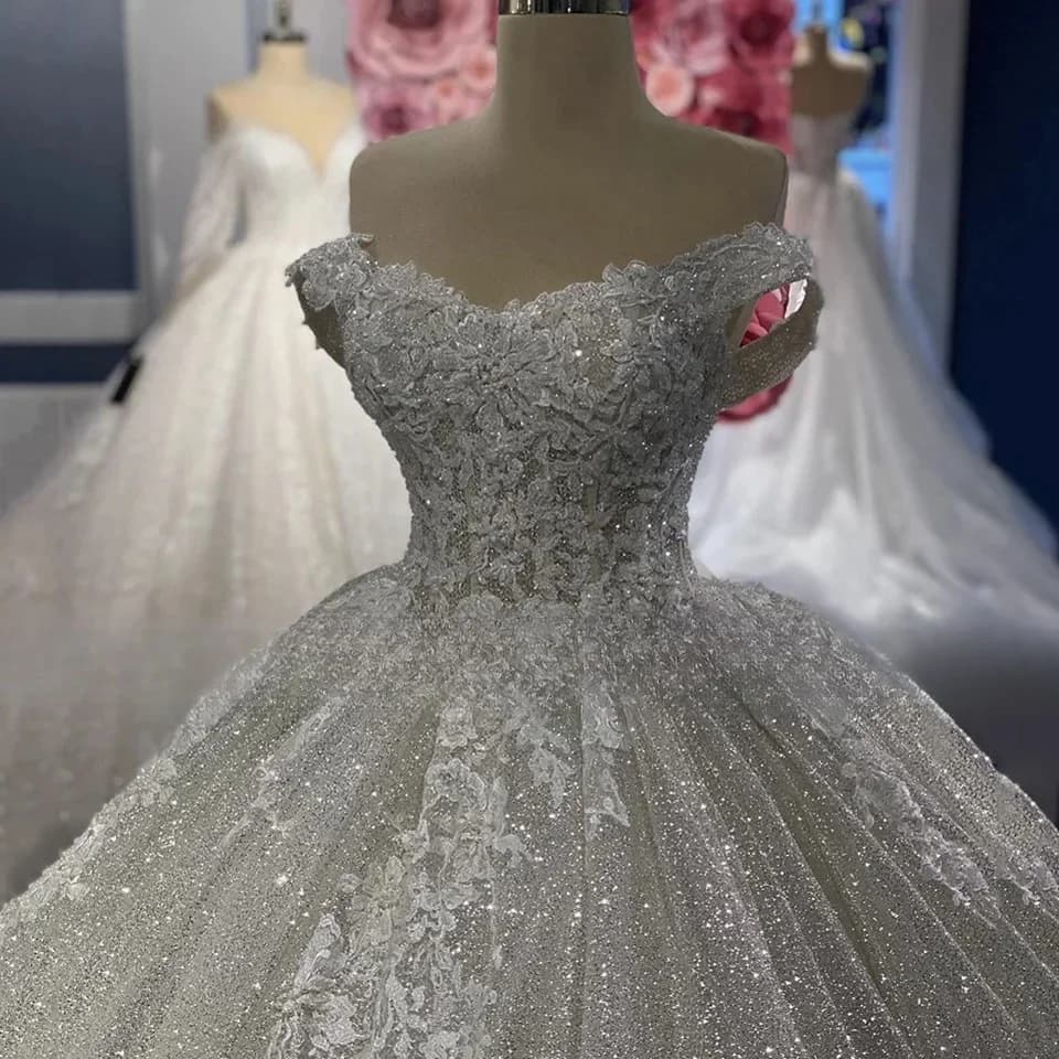 CustomizedV-Neck Shiny Off The Shoulder Appliques Wedding Dress Ball Gown Floor Length Sweep Train Lace Up Bridal Gown