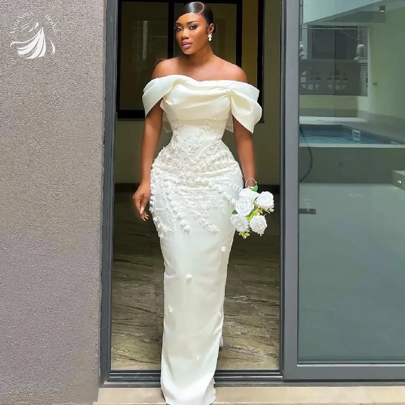 VeraNova Customized Wedding Dresses Vintage Off The Shoulder Satin Pleat 3D Applique Seath Mermaid Back Bow Vestido De Noival