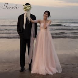 Sondr Baby Pink Bridal Wedding Snap Dresses Korean Style Soft Tulle Strapless Corset Outdoor Wedding Reception Dress Party Gown
