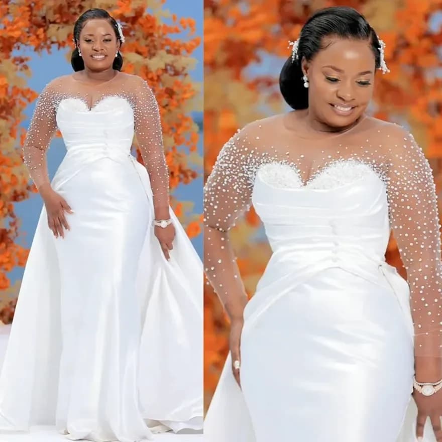 Customized Plus Size Illusion Trumpet Wedding Dress Mermaid Sheer Neck Long Sleeves Beaded Bridal Gowns With Detachable Train