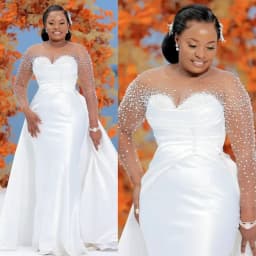 Customized Plus Size Illusion Trumpet Wedding Dress Mermaid Sheer Neck Long Sleeves Beaded Bridal Gowns With Detachable Train