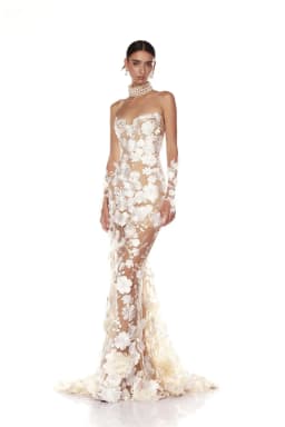 Kyoto Customized Off-White Trumpet Lace Flower Wedding Dress Strapless Short Sleeves vestidos de noche Tie Back Formal Evening
