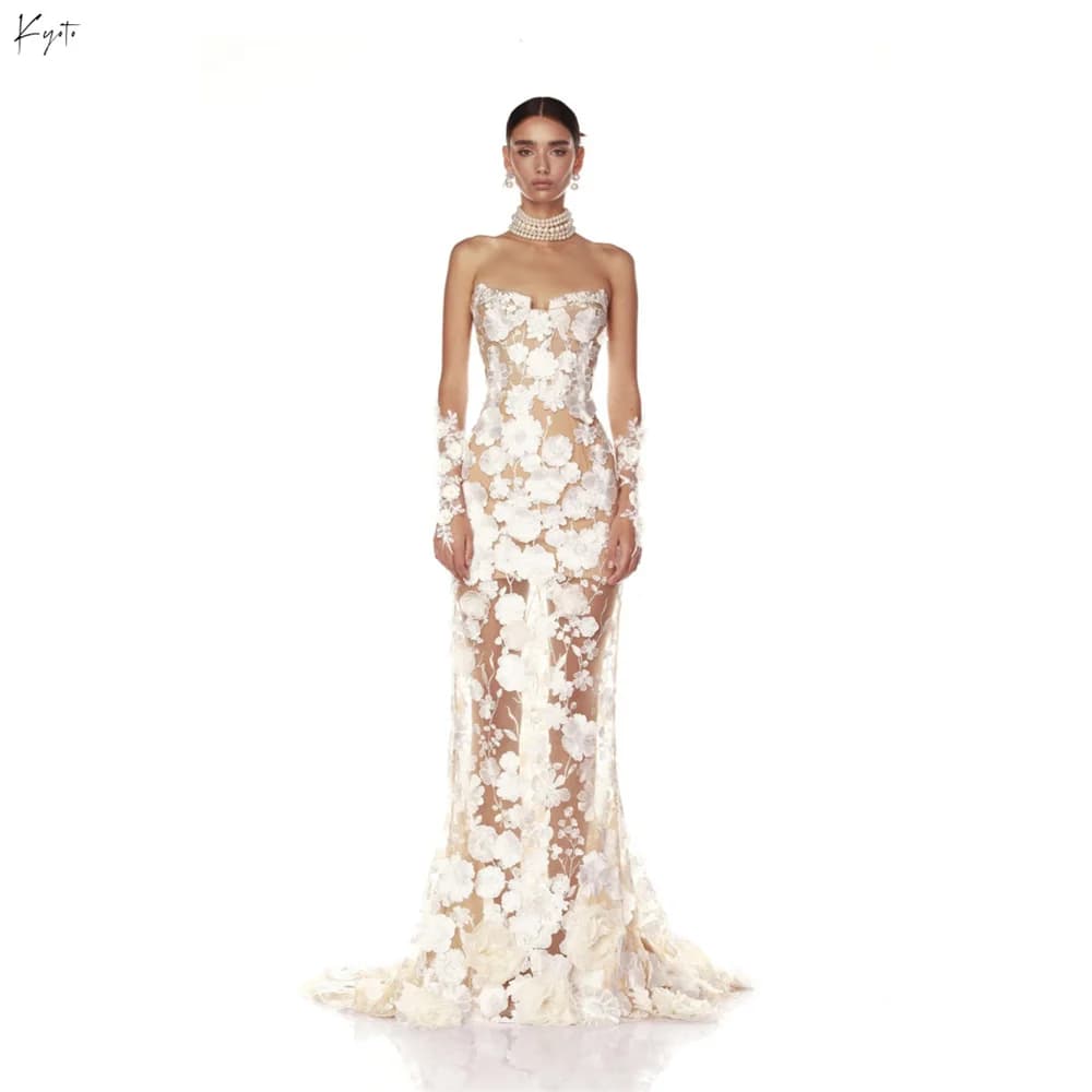 Kyoto Customized Off-White Trumpet Lace Flower Wedding Dress Strapless Short Sleeves vestidos de noche Tie Back Formal Evening