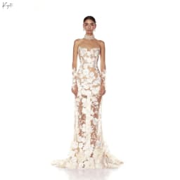 Kyoto Customized Off-White Trumpet Lace Flower Wedding Dress Strapless Short Sleeves vestidos de noche Tie Back Formal Evening