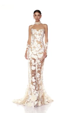 Kyoto Customized Off-White Trumpet Lace Flower Wedding Dress Strapless Short Sleeves vestidos de noche Tie Back Formal Evening
