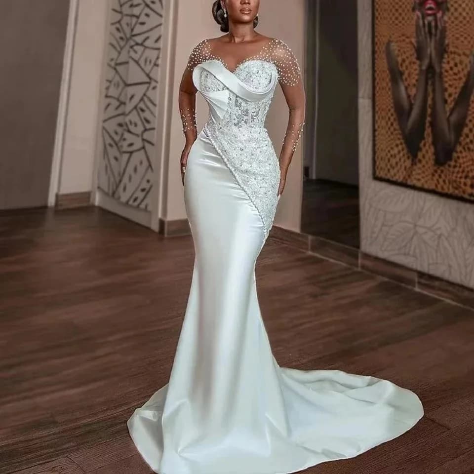 White Pearls Beaded African Satin Wedding Dresses Bride Mermaid Long Sleeves Corset Bridal Gowns for Formal Occasions Customized