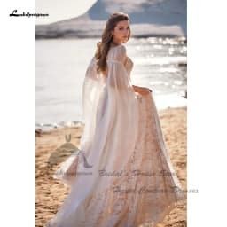 Lakshmigown Vintag Boho Beach Wedding Dresses Detachable Lace Cape 2025 Vestidos Sexy Champagne Bridal Gowns Deep Customized