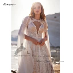 Lakshmigown Vintag Boho Beach Wedding Dresses Detachable Lace Cape 2025 Vestidos Sexy Champagne Bridal Gowns Deep Customized