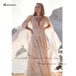 Lakshmigown Vintag Boho Beach Wedding Dresses Detachable Lace Cape 2025 Vestidos Sexy Champagne Bridal Gowns Deep Customized