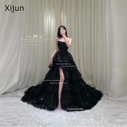 Xijun Glitter Black Long Evening Dresses Tiered Sleeveless Korean Wedding Dresses Photo Shoot Formal Prom Dresses Customized