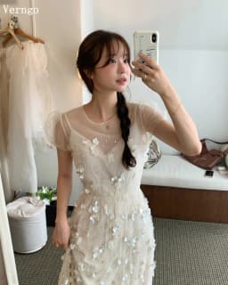 Verngo Appliques A Line Wedding Dress O Neck Puff Short Sleeves Zipper Back Long Prom Bridal Dresses Elegant Korea Bride Gowns