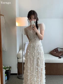 Verngo Appliques A Line Wedding Dress O Neck Puff Short Sleeves Zipper Back Long Prom Bridal Dresses Elegant Korea Bride Gowns