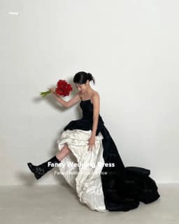 Fancy Korea Especially Strapless Wedding Dress White And Black Taffeta Evening Party Dress A Line Back Bow Customized
