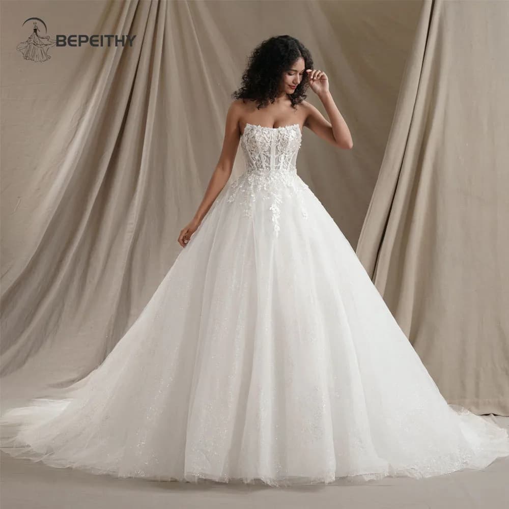 BEPEITHY Customized Strapless Glitter Princess Wedding Dresses 2026 Women Sleeveless 3D Flowers Bride Sexy Bridal Gown Vestido