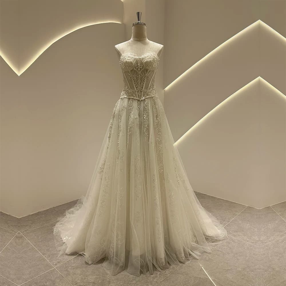 SL-9525 Customized SuLi Romantic Strapless Bride Wedding Dress Lace Appliques Beading Bohemian See Through Beach Bridal Gown