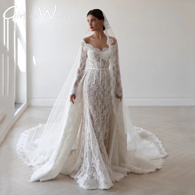 V-Neck Mermaid Wedding Dresses Off The Shoulder Long Sleeves Lace Applique Bridal Dress Formal Wedding Ball Prom Gown Customized