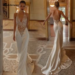 Luxurious Mermaid Wedding Dress Glossy Satin Bridal Gown Halter Deep V Backless Beaded Sheer Bodice Wedding Gowns Customized