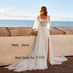 Exquisite Ivory Wedding Dresses Side Slit Bridal Gowns Court Train Full Sleeve New Vestido De Novia Soft Tulle Robe De Summer