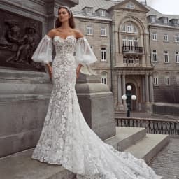 Customized 3/4 Sleeves Mermaid Wedding Dress Lace Details and Convertible Detachable Skirt Elegant Bridal Gown