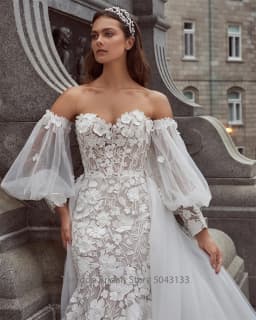 Customized 3/4 Sleeves Mermaid Wedding Dress Lace Details and Convertible Detachable Skirt Elegant Bridal Gown