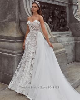 Customized 3/4 Sleeves Mermaid Wedding Dress Lace Details and Convertible Detachable Skirt Elegant Bridal Gown