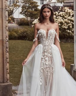 Sexy V-neck Full Lace Applique Mermaid Wedding Dresses Detachable Train 2 In 1 Custom Made Vestido De Noival