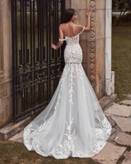 Sexy V-neck Full Lace Applique Mermaid Wedding Dresses Detachable Train 2 In 1 Custom Made Vestido De Noival